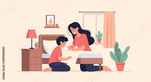 A caring mother tucks her son into bed with a loving gesture