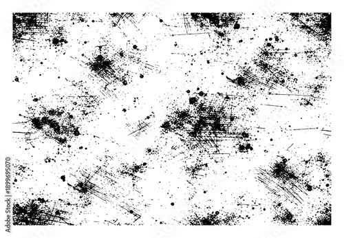 Abstract grunge texture with black ink splatters and scratches