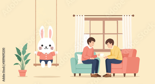 A cartoon bunny swings, while two men converse over drinks in a cozy room