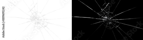Foto Realistic broken glass crack with central impact point and sharp shattered splinters, isolated on black