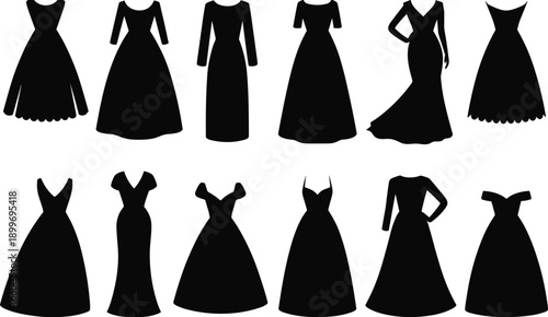 Black silhouette elegant women dress collection, formal evening gown vector set, fashion clothing design, luxury boutique apparel isolated illustration
