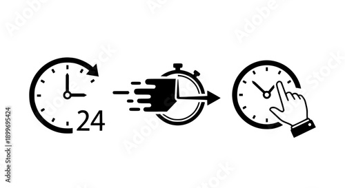 Time management icons featuring twenty four hour service fast delivery stopwatch and manual clock setting selection.