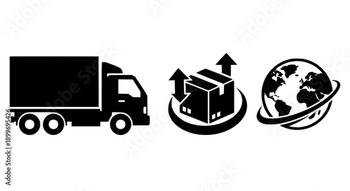 Global logistics and delivery icons featuring shipping truck export package and worldwide transportation for international trade.