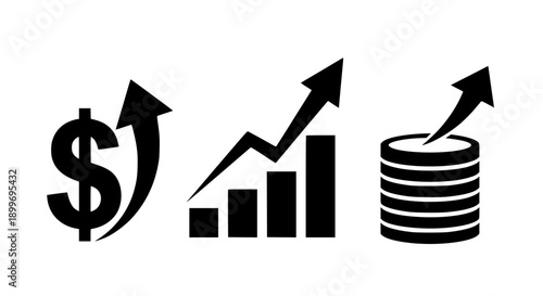 Financial growth icons featuring rising dollar sign bar chart and stacked coins representing investment success.