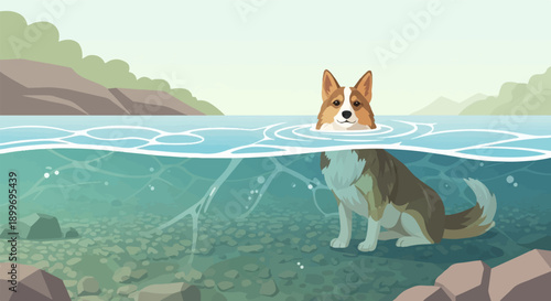 Adorable dog swimming in a clear, shallow lake with a rocky bottom