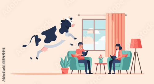 A cartoon cow leaps through a window while people read indoors