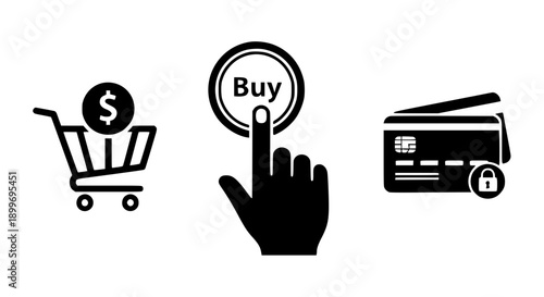Secure online shopping icons featuring shopping cart money buy button and protected credit card payment methods.