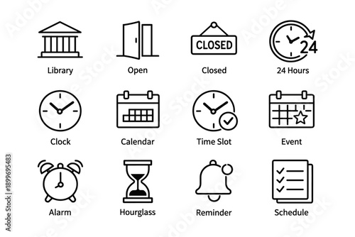 Set of twelve office and time icons - clock, calendar, and more