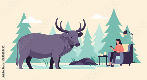 A large grey ox stands in a tranquil forest clearing near a woman