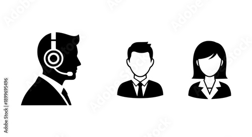 Professional customer service support team icons representing call center agents and corporate business communication assistance staff.