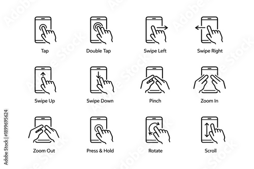 Touchscreen gesture icons: tap, swipe, pinch, zoom, rotate