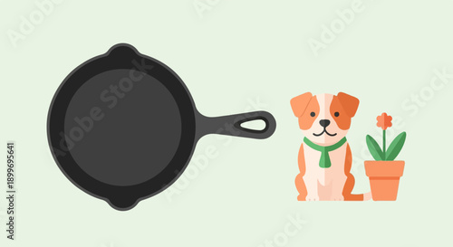 A cartoon dog with a green scarf sits beside a potted flower and a frying pan