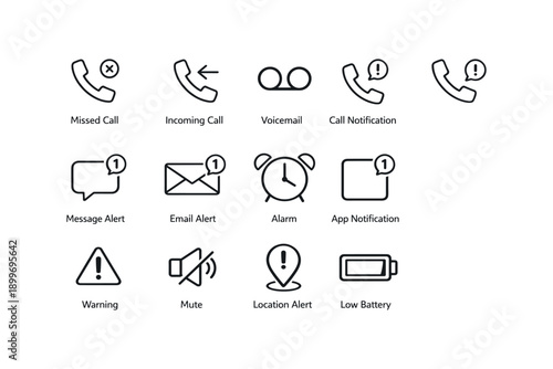 Mobile alert icons: calls notifications messages emails alarm warnings