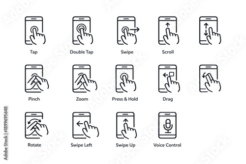 Smartphone touch gestures icon set: tap, swipe, zoom, rotate controls