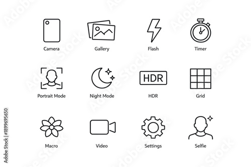Camera function icons: settings, portrait mode, hdr, flash, timer, macro, selfie