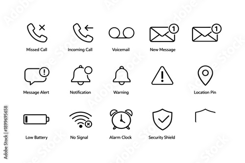 Communication and alert icons collection featuring calls, messages, notifications, and warnings