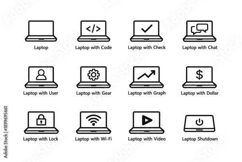 Laptop icons: code, check, chat, user, gear, graph, dollar, lock, wi-fi, video, shutdown
