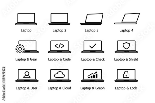 Icon set of laptops with gear, code, check, shield, user, cloud, graph, lock