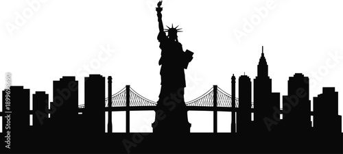 Black silhouette New York skyline with Statue of Liberty, cityscape landmark travel concept, urban architecture vector illustration isolated design graphic