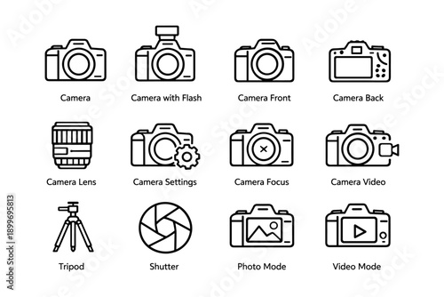 Icon set of camera elements and settings including lenses and tripod