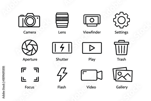 Photography icons: camera, lens, settings, aperture, video, gallery
