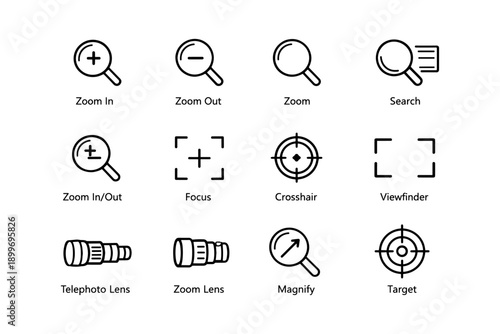 Camera and search icon set including zoom and focus symbols