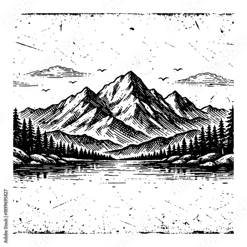 Vintage engraving illustration of mountain landscape with lake and pine forest