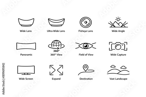 Camera lens icons: wide, fisheye, panoramic, and more for photography enthusiasts
