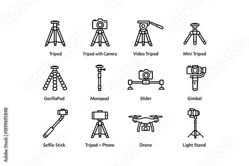 Various camera supports: tripods, monopods, sliders, and gimbals for photography