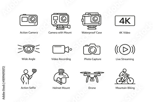 Icon set of action cameras and accessories