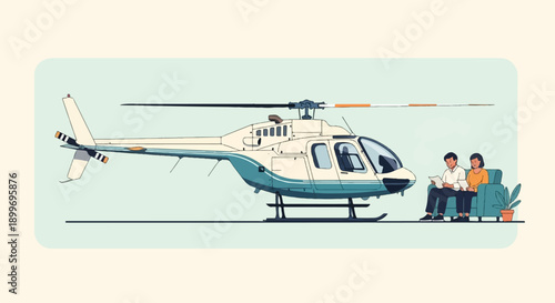 A couple sits on a couch reading papers next to a helicopter