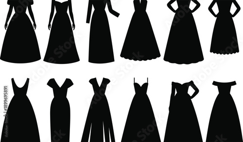 Black silhouette women formal dress collection, elegant evening gown vector set, fashion clothing design, luxury boutique apparel isolated illustration