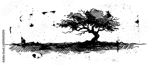 Hand drawn ink sketch of lonely tree in grunge landscape