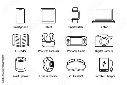 Collection of electronic devices: smartphone, tablet, smartwatch, laptop, e-reader, earbuds, game console, camera, speaker, fitness tracker, vr headset, charger