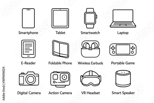 Modern tech icons: smartphone, tablet, smartwatch, laptop, more