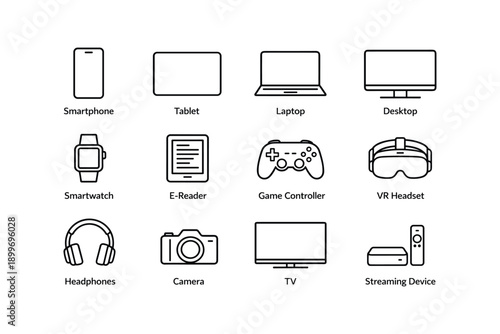 Modern tech devices: smartphone, tablet, laptop, desktop, smartwatch, e-reader, game controller, vr headset