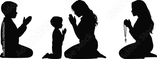 Christian family praying silhouette illustration, mother and children rosary prayer spiritual faith devotion concept, black isolated religious vector artwork