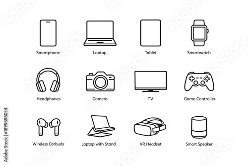 Electronic devices icons: smartphone, laptop, tablet, smartwatch, headphones, camera, tv, game controller, earbuds, vr headset, smart speaker