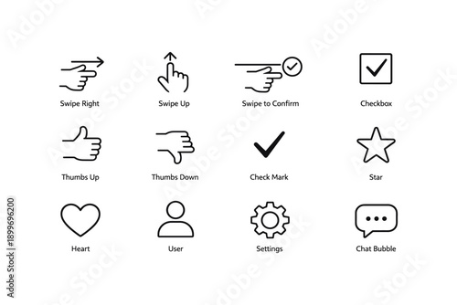 User interface icons: gesture, checkbox, thumbs up, check mark, star, heart, user, settings, chat bubble