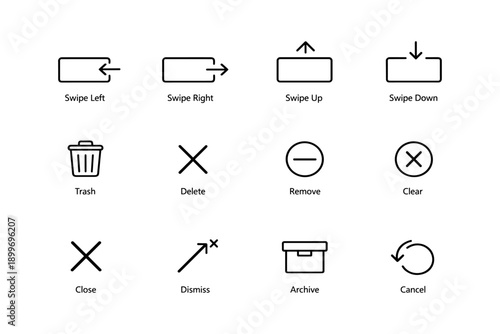 Set of swipe and action icons: swipe left, right, up, down, trash, delete, remove, clear, close, dismiss, archive, cancel