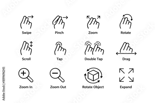 Touch gesture icons: swipe, pinch, rotate, zoom, scroll, drag, expand