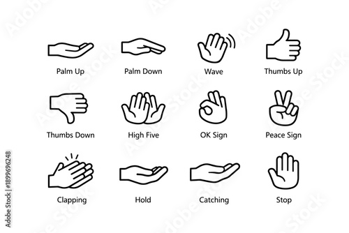 Hand gesture icons: wave, thumbs up, high five, ok, peace