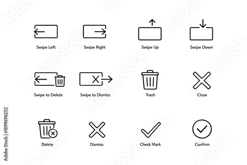 Swipe and action icons set: navigation, deletion, confirmation symbols