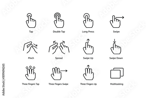 Touch gesture icons: tap, swipe, pinch, multitasking in vector style