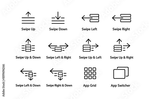 Swipe gestures and icons for app navigation: arrows and grids