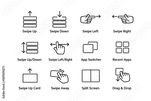 Mobile gesture icons: swipe, tap, drag, drop, and split screen actions