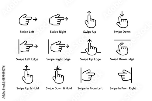Gesture icons for swipe navigation with arrows and hand symbols