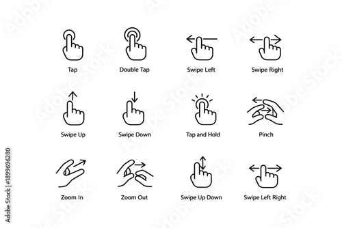 Gesture icons: tap, swipe, pinch, zoom, hold for touch interfaces