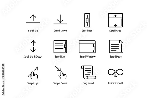 Set of scroll icons: up down left right swipe infinite long page window