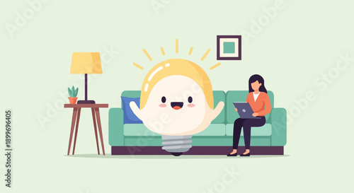 A cartoon lightbulb with arms and legs, on a couch with a woman